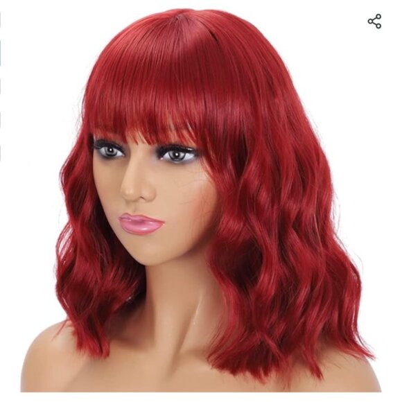 Mixed Red Wine Wavy Bob Synthetic Wig with Bangs 14" - Picture 2 of 9